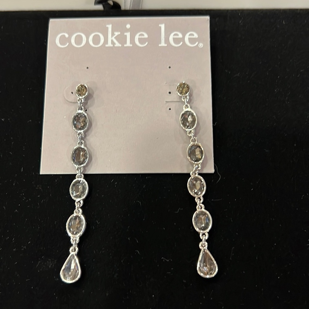 Silver Toned Stoned Smokey Gray Dangling Earrings by Cookie Lee #93413